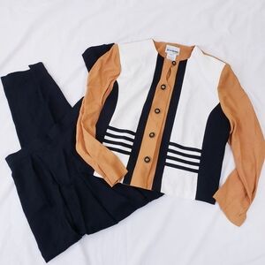 80s VINTAGE Tan Black Colorblock Pant Suit Petite Perceptions By Irene Size 12